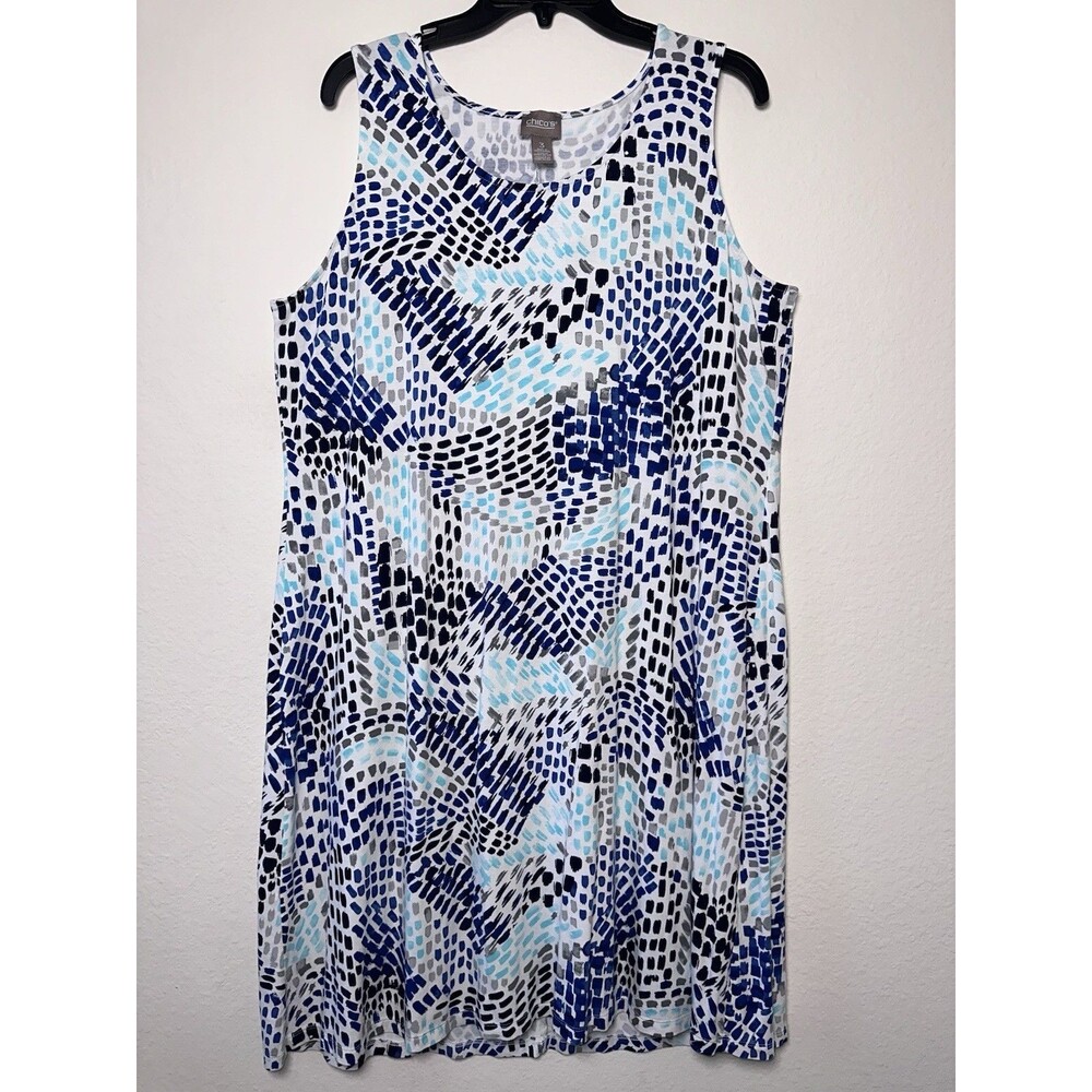 Chico's Dress Size 3 Women Blue White Stretch Sleeveless